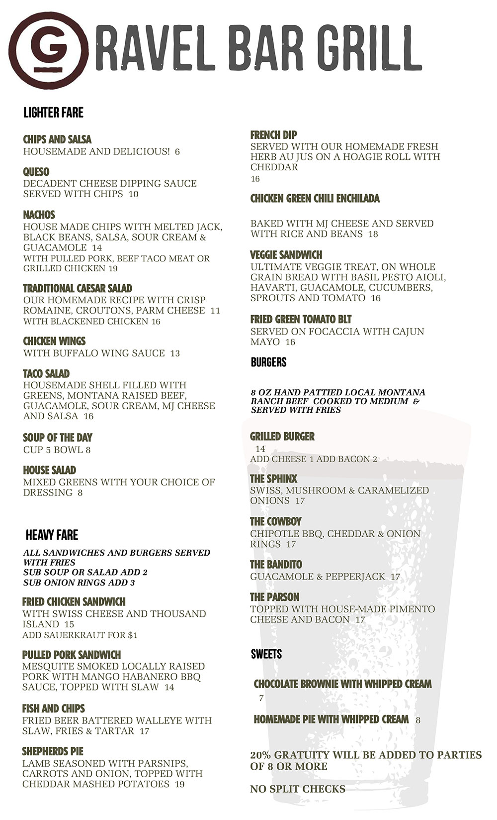 Menu Gravel Bar Ennis, MT