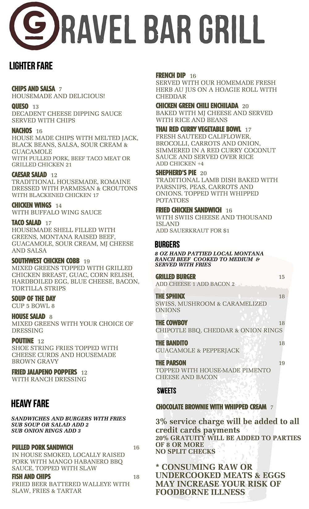 Menu Gravel Bar Ennis, MT